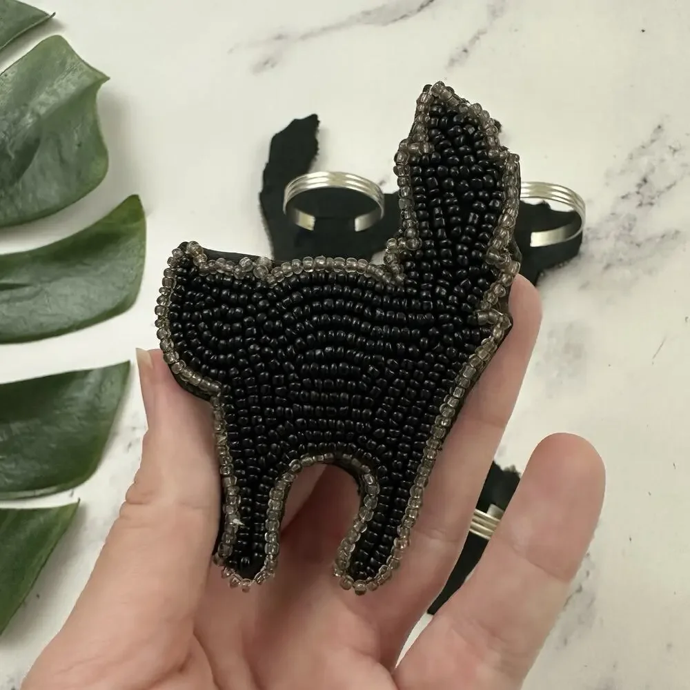 Pottery Barn Vintage Halloween Cat Napkin Rings Lot of 4 New Black Beaded